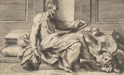 Der heilige Markus schreibt sein Evangelium, ein geflügelter Löwe rechts, 1531-76 von Giulio Bonasone