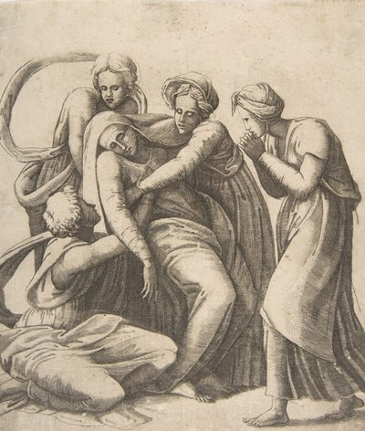 Die Jungfrau in Ohnmacht und in den Armen der heiligen Frauen gestützt, 1531-76 von Giulio Bonasone