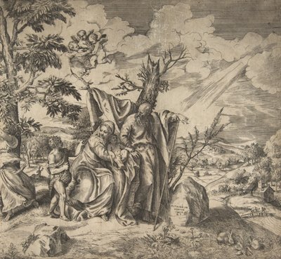 Die Rast der Heiligen Familie auf ihrer Flucht nach Ägypten, 1531-76 von Giulio Bonasone