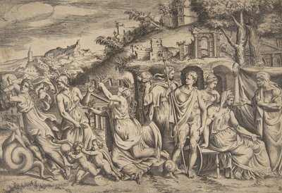 Die Geschichte von Jason und Medea, links trägt sie ihren Sohn weg, in der Mitte ist sie ..., 1531-76 von Giulio Bonasone