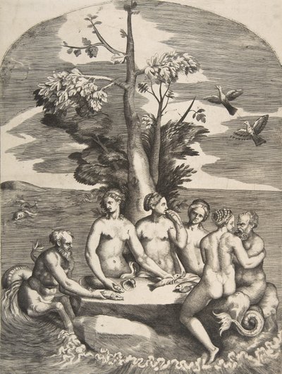 Zwei Meeresgötter begleitet von vier Nymphen, 1531-76 von Giulio Bonasone