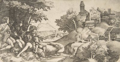 Links vier Hirten mit Musikinstrumenten unter einer Baumgruppe sitzend..., ca. 1517 von Giulio Campagnola