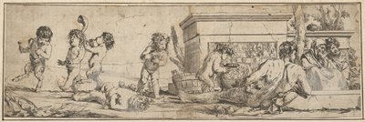 Bacchanal mit Säuglingssatyrn und Putti links, eine nackte männliche Figur liegt vorne, 1633-78 von Giulio Carpioni
