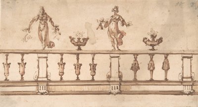 Entwurf für ein Geländer mit weiblichen Figuren und Urnen von Giulio Parigi