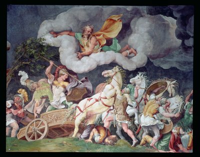Achilles zieht den Körper von Hector auf seinem Streitwagen, Detail von der Decke der Sala di Troia, ca. 1538 von Giulio Romano