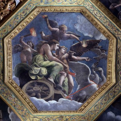 Wütende Venus beauftragt Psyche, Amor zu bestrafen. Fresko von Giulio Pippi de