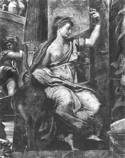 Gerechtigkeit, eine der zwei Tugenden um Papst Urban I. (gest. 230), Raphael-Räume (Detail) von Giulio Romano