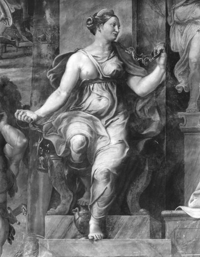 Mäßigung, eine der zwei Tugenden um Papst Clemens I. (1-97), Raphael-Räume (Detail) von Giulio Romano