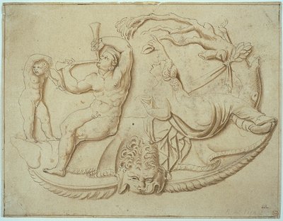 Satyr mit zwei Pfeifen und Putto und Frau, die von einem Baum trinkt von Giulio Romano