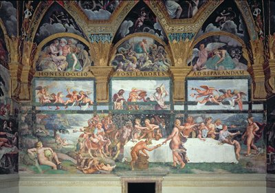 Das rustikale Bankett zur Feier der Hochzeit von Amor und Psyche, mit den drei Lünetten darüber, die eine von Psyches Prüfungen darstellen, um aus der Unterwelt ein Gefäß mit der Schönheit von Proser von Giulio Romano