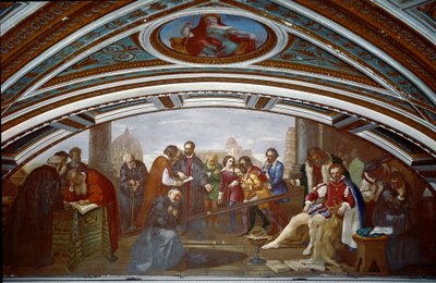 Galileo Galilei demonstriert das Gesetz über den Fall und die Schwerkraft während einer öffentlichen Vorlesung in Pisa. Gemälde von Giuseppe Bezzuoli von Giuseppe Bezzuoli