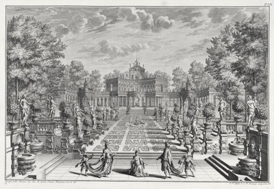 Bühnenbild für eine Oper in einem Garten, aus Architectus Theatralis Primarius, graviert von Johann Andreas Pfeffel (1674-1748), veröffentlicht 1740 von Giuseppe Bibiena
