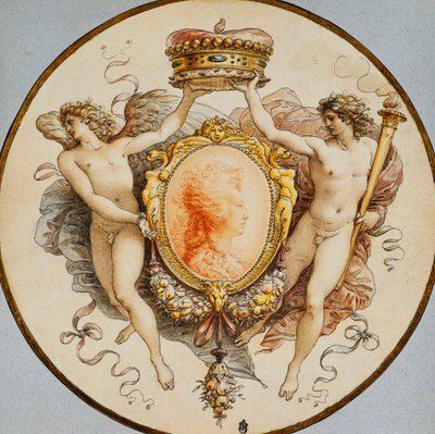 Ovales Porträt einer Frau im Profil mit dekorativem Rand aus Grotesken und Girlanden, flankiert von allegorischen Figuren des Ruhms und des Sieges, die eine Krone halten von Giuseppe Cades