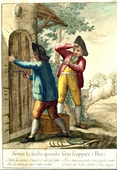 „Es hat keinen Sinn, den Stall zu schließen, wenn die Pferde entkommen sind.“ Gravur des 18. Jahrhunderts, die eine Reihe von Sprichwörtern illustriert. Giuseppe Piattoli (1740/50-1818) von Giuseppe Piattoli