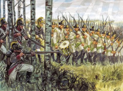 Erstes Kaiserreich: Soldaten der österreichischen Infanterie im Vormarsch um 1798 - 1805 - Illustration von Giuseppe Rava von Giuseppe Rava