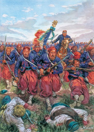 Italienfeldzug von 1859 (Zweiter Italienischer Unabhängigkeitskrieg): der Angriff der Zuaven der französischen Armee von Napoleon III. während der Schlacht von Solferino am 24.06.1859 - Zweiter Italienischer Unabhängigkeitskrieg (Französisch-Österreichisch von Giuseppe Rava