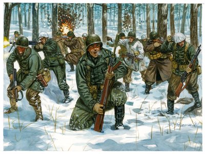 Zweiter Weltkrieg: Amerikanische Offensive während der Schlacht in den Ardennen, Dezember 1944 (Illustration von Giuseppe Rava) von Giuseppe Rava