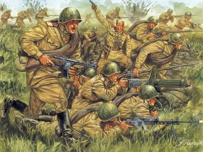 Zweiter Weltkrieg: Angriff der russischen Infanterie in leichter Uniform - WWII: russische Soldaten in Sommeruniform - Illustration von Giuseppe Rava von Giuseppe Rava