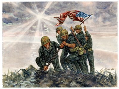 Zweiter Weltkrieg, Pazifikkrieg: Schlacht um Iwo Jima, Sieg der US-Marines im Februar 1945 - WWII, Pazifikkrieg: Schlacht um Iwo Jima (Operation Detachment), die US-Marines hissen die amerikanische Flagge, Februar 1945, Japan - Illustration von Giuseppe Ra von Giuseppe Rava