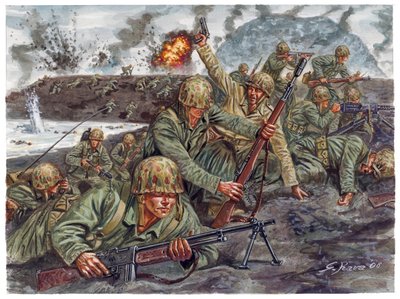 Zweiter Weltkrieg, Pazifikkrieg: Landung des amphibischen Korps der Marines während der Schlacht von Iwo Jima am 19.02.1945 in Japan - Illustration von Giuseppe Rava