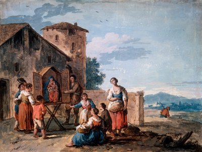 Eine Gruppe von Bauern vor dem Tabernakel mit der stehenden Madonna-Statue, ca. 1750 von Giuseppe Zais