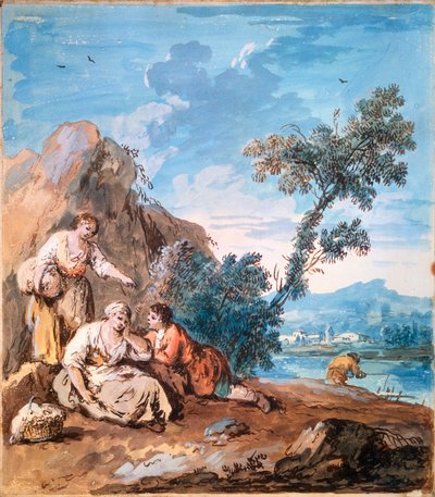 Drei Bauern ruhen sich an einem Flussufer aus, ca. 1750 von Giuseppe Zais