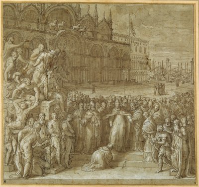Die Versöhnung zwischen Papst Alexander III. und Friedrich Barbarossa in Anwesenheit des Dogen Sebastiano Ziani von Giuseppe della Porta Salviati