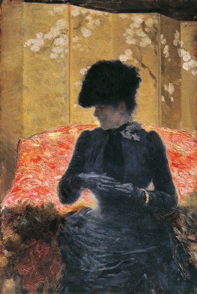 Frau auf rotem Sofa von Giuseppe or Joseph de Nittis