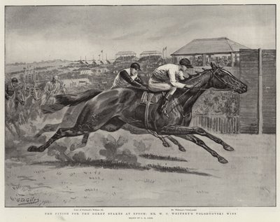 Das Ziel des Derby Stakes in Epsom, Mr. W. C. Whitneys Volodyovski gewinnt von Godfrey Douglas Giles