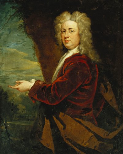 Porträt eines Gentlemans, halblang, in roter Samtjacke und braunem Umhang in einem Park von Godfrey Kneller