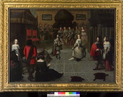Karl II. von England (1630-1685) tanzt in Den Haag (Niederlande), Mai 1660, wahrscheinlich mit seiner Nichte Elizabeth van de Paltz (1616-1680), bei der Zeremonie zur Wiederherstellung seines Titels als König von England von Gonzales Coques