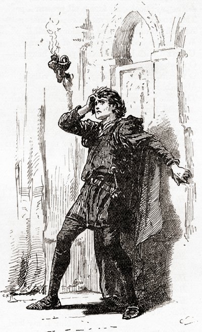Szene aus William Shakespeares Stück Hamlet, Akt I, Szene 5, Hamlet: Erinnere dich! Ja, du armer Geist, solange das Gedächtnis einen Platz in dieser verwirrten Welt hat, aus Die Werke von William Shakespeare, veröffentlicht 1896 von Gordon Frederick Browne