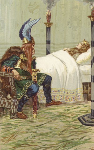 Harald saß an ihrer Seite und beobachtete sie (Chromolitho) von Gordon Frederick Browne