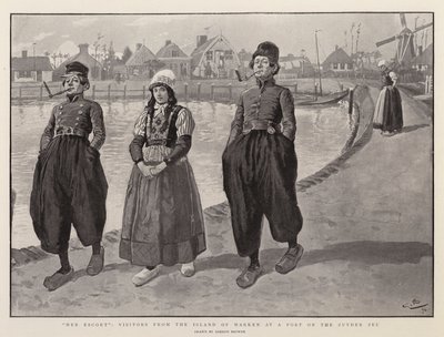 Ihre Eskorte, Besucher von der Insel Marken an einem Hafen am Zuyder Zee von Gordon Frederick Browne