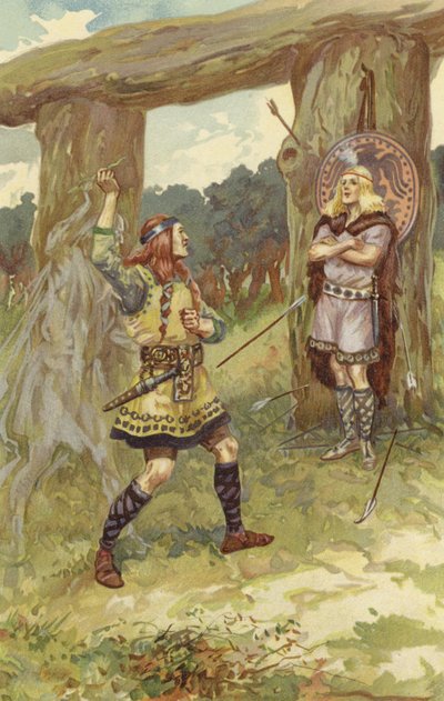 Hodur nahm die Mistel von Loki, und Loki führte seinen Arm, und er schleuderte sie auf Baldur, und mit einem scharfen Schrei fiel Baldur tot um (Chromolitho) von Gordon Frederick Browne