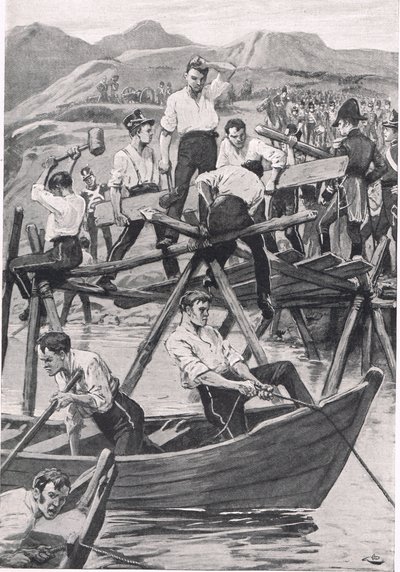 Der Bau der Brücke über den Guadiana, 3. April 1811, Illustration aus 