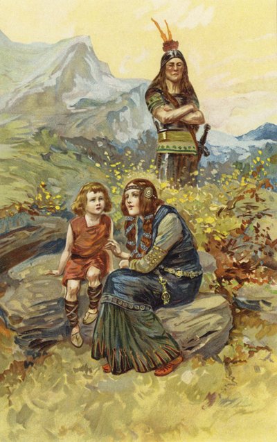 Die Leibeigene und Olaf, ihr Sohn, saßen im Morgensonnenschein (Chromolitho) von Gordon Frederick Browne