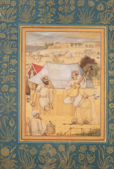 Musiker und Sänger knien am Rande eines Mogullagers. Ein Yogi und ein Diener hören ihnen zu, aus dem Minto-Album, ca. 1630 von Govardhan
