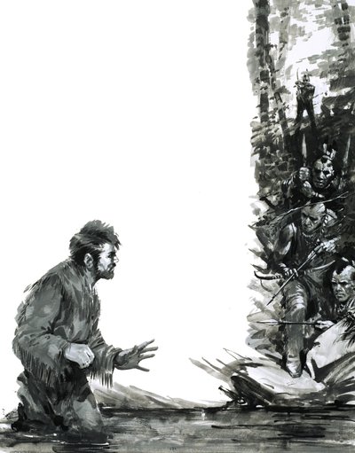 Alexander Mackenzie wird von Indianern bedroht, während er durch einen Fluss watet von Graham Coton