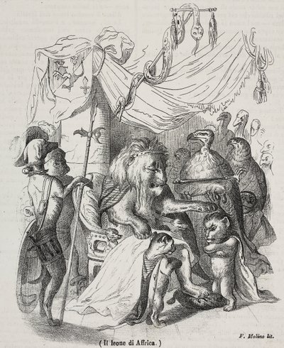 Löwe von Afrika, Charakter der Geschichte des afrikanischen Löwen und drei junger Löwen, Lithographie von Filippo Molino nach einer Zeichnung von Jean-Jacques Grandville von Grandville