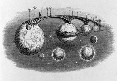 Brücke, die mehrere Planeten miteinander verbindet - Gravur von Grandville von Grandville