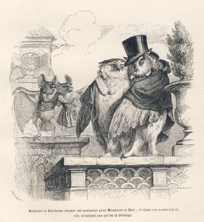 Fledermaus hört einer Eule und einem Uhu beim Singen zu. Vignetten illustriert von JJ Granville. Gravur signiert Breviere im Teil "Erinnerungen einer alten Krähe" geschrieben von PJ Stahl in "Szenen aus dem privaten und öffentlichen Leben der Tiere". Pa von Grandville