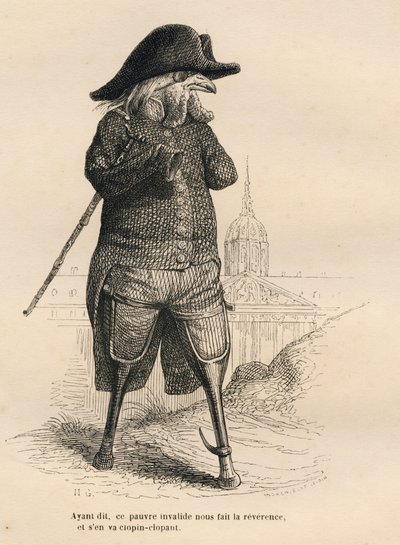 Invalider Hahn vor dem Invalidenhotel in Paris. Vignetten illustriert von JJ Granville. Gravur signiert von Andrew, Best und Leloir im Teil "Die Tierärzte" geschrieben von Pierre Bernard in "Szenen aus dem privaten und öffentlichen Leben der Tiere". Paris, von Grandville