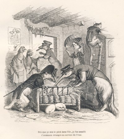 Sobald ich meinen Fuß auf die Insel setzte, wurde ich von seltsamen Tieren im Dienst des Staates angegriffen. Vignetten illustriert von JJ Granville. Gravur signiert Porret im Teil "Reise eines Spatzen aus Paris" geschrieben von George Sand in "Szenen aus  von Grandville