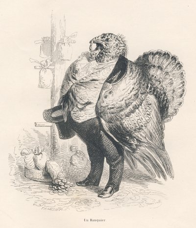 Truthahn als Banker. Illustrierte Vignetten von JJ Granville. Gravur signiert Tamisier im Teil "Erinnerungen einer alten Krähe" geschrieben von PJ Stahl in "Szenen aus dem privaten und öffentlichen Leben der Tiere". Paris, J. Hetzel et Paulin von Grandville