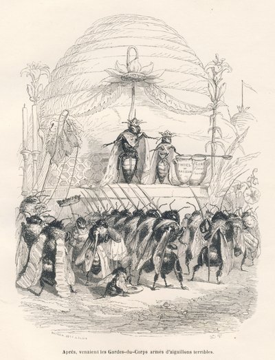 Die Königin der Bienen und ihre Armee. Vignetten illustriert von JJ Granville. Gravur signiert Andrew, Best und Leloir im Teil "Reise eines Spatzen aus Paris" geschrieben von George Sand in "Szenen aus dem privaten und öffentlichen Leben der Tiere". Paris, von Grandville