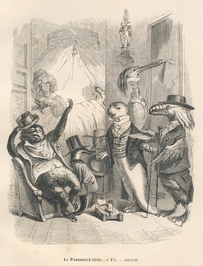 Der faule Gähner, der wartet. Illustrierte Vignetten von JJ Granville. Gravur signiert Godard im Teil "Die tierischen Ärzte" geschrieben von Pierre Bernard in "Szenen aus dem privaten und öffentlichen Leben der Tiere". Paris, J. Hetzel et Paulin von Grandville
