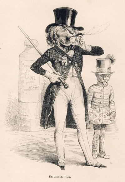 Löwe von Paris. Illustrierte Vignetten von JJ Granville. Gravur signiert Andrew, Best und Leloir im Teil "Reise eines afrikanischen Löwen nach Paris" geschrieben von Honoré de Balzac in "Szenen aus dem privaten und öffentlichen Leben der Tiere". Paris, J.  von Grandville