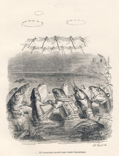 Runde der Wassertiere und Libellen. Vignetten illustriert von JJ Granville. Gravur signiert Andrew, Best und Leloir im Teil "Erinnerungen einer alten Krähe" geschrieben von PJ Stahl in "Szenen aus dem privaten und öffentlichen Leben der Tiere". Paris, J. H von Grandville