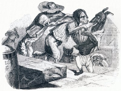 Der Hund, der den Mund seines Herrn am Hals trägt - Fabeln von La Fontaine von Grandville